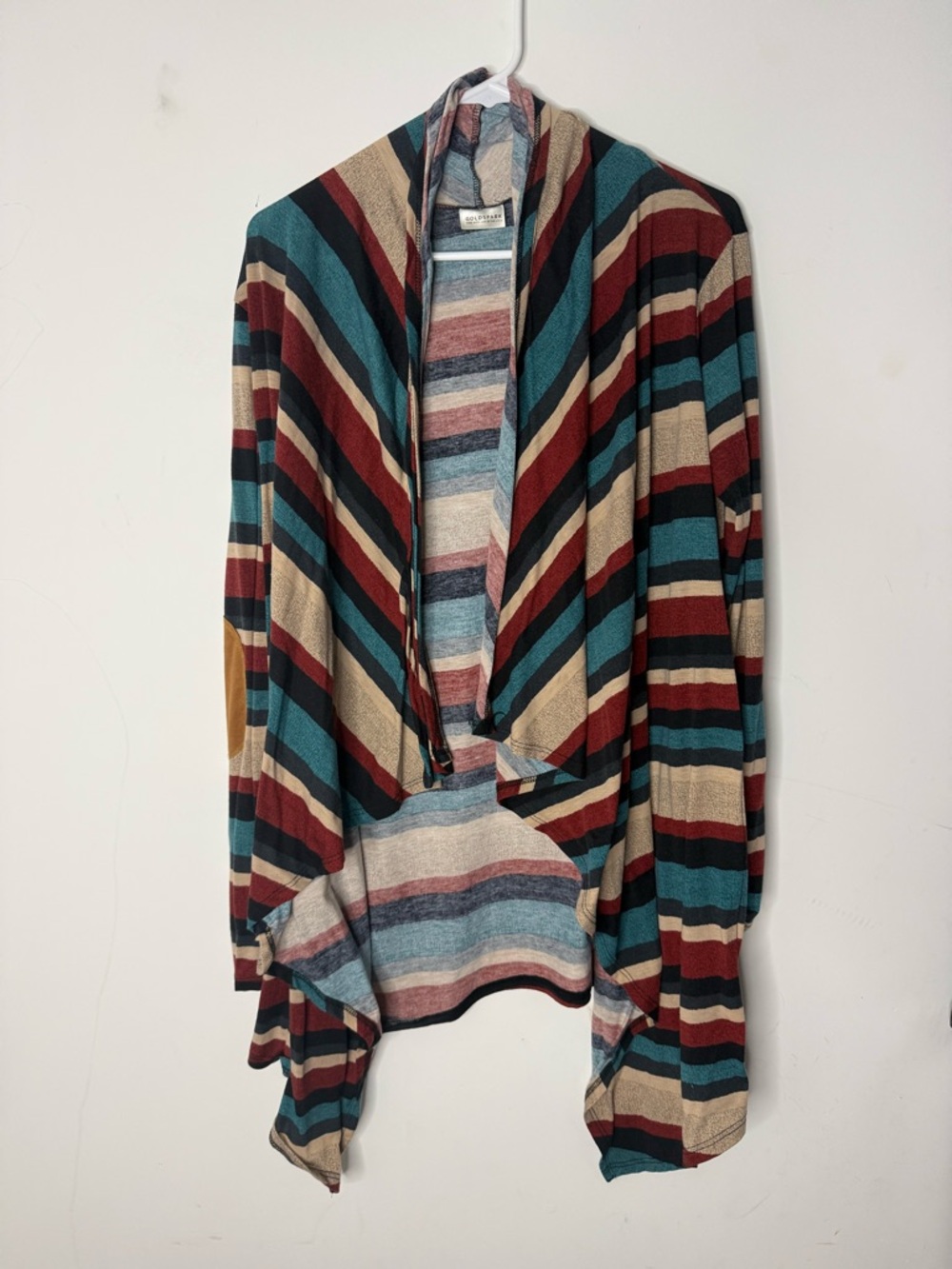 Striped Open-Front Hooded Cardigan in Teal, Maroon & Beige